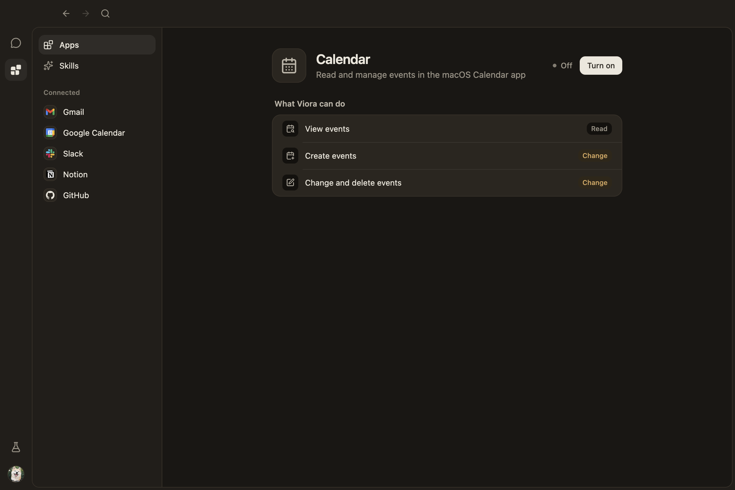 Calendar connector screenshot, Dark theme, English