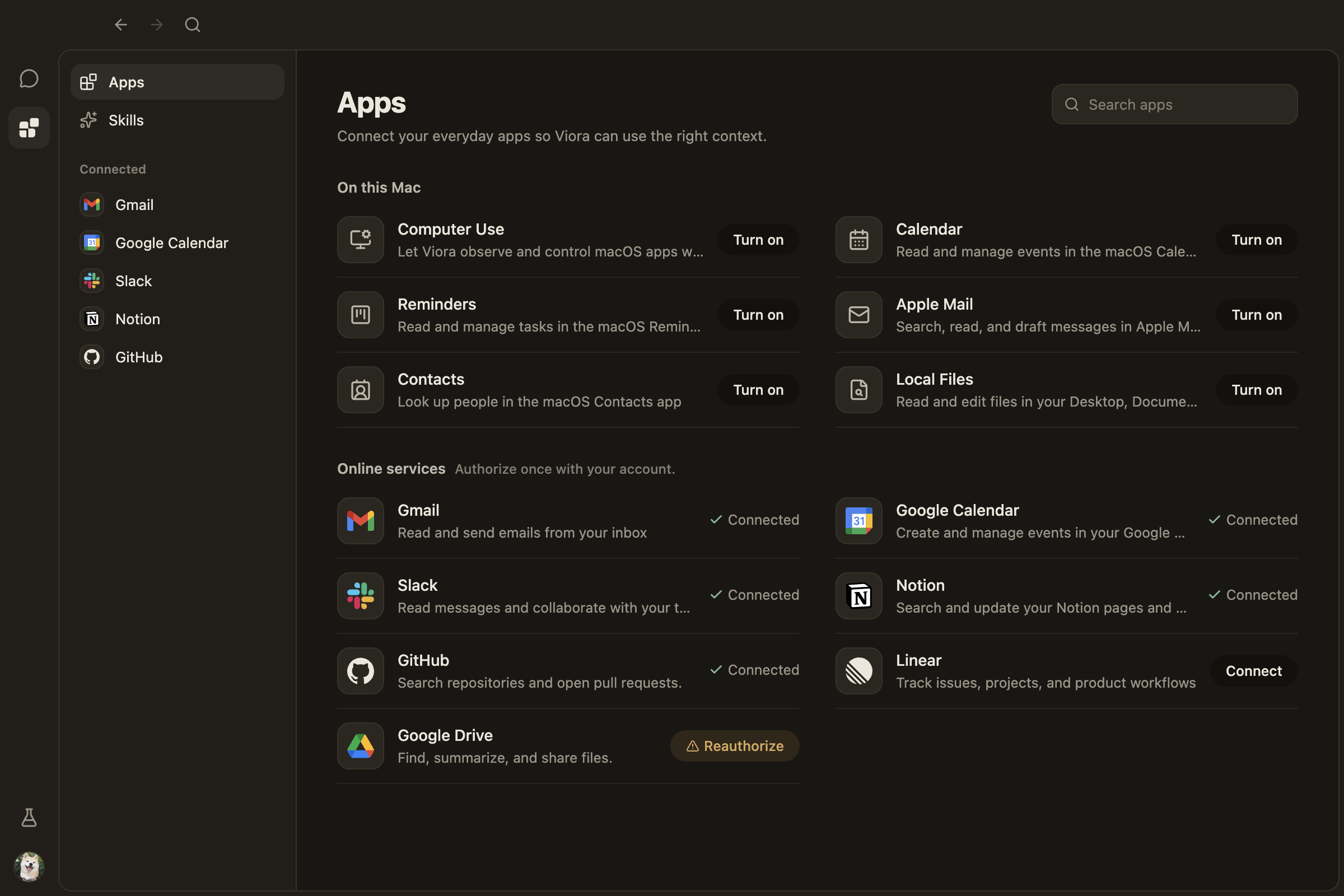 Apps & connectors screenshot, Dark theme, English