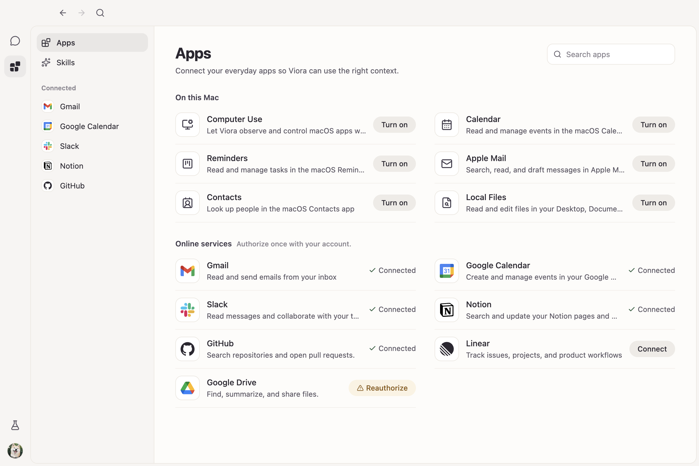 Apps & connectors screenshot, Light theme, English