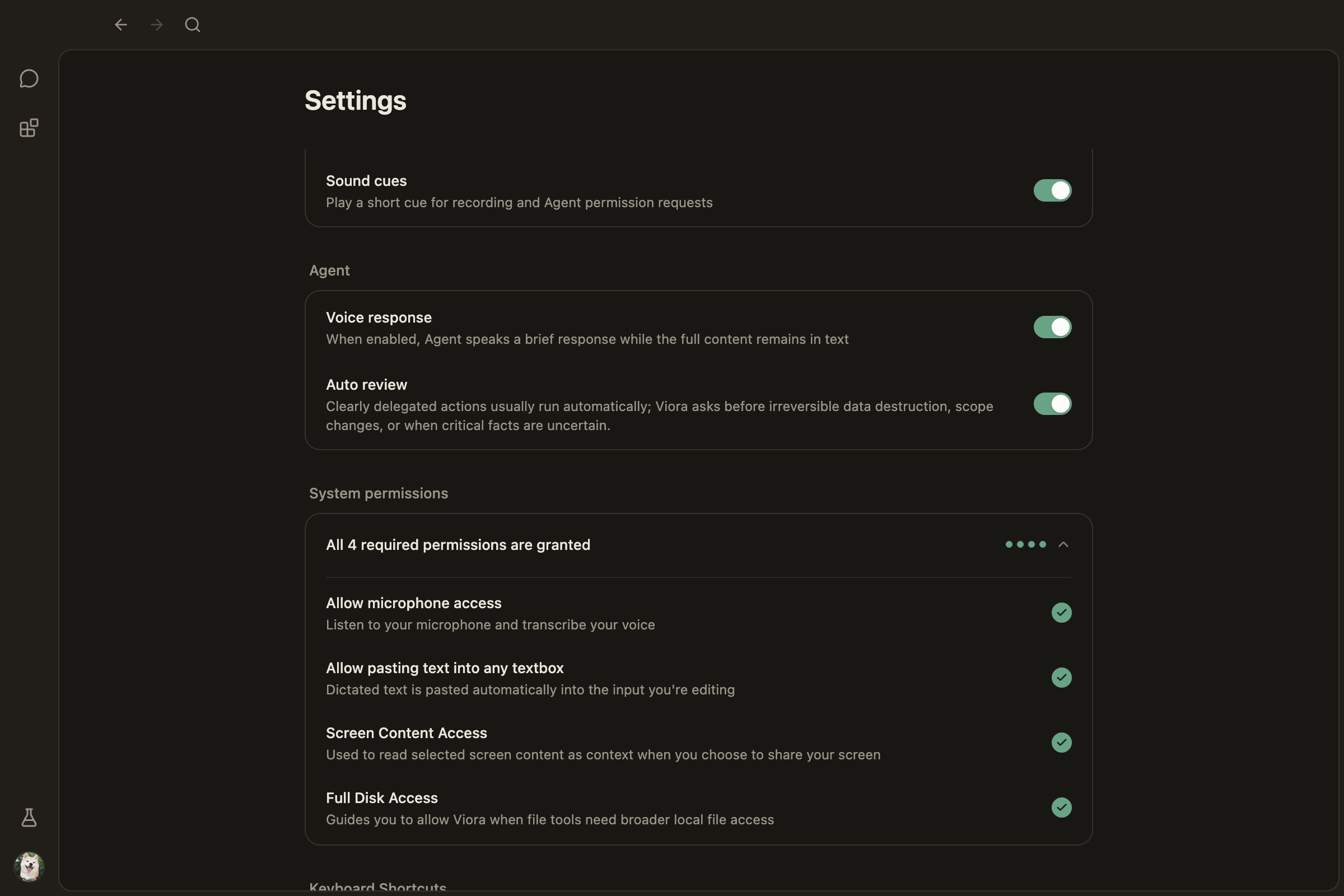 Permissions screenshot, Dark theme, English