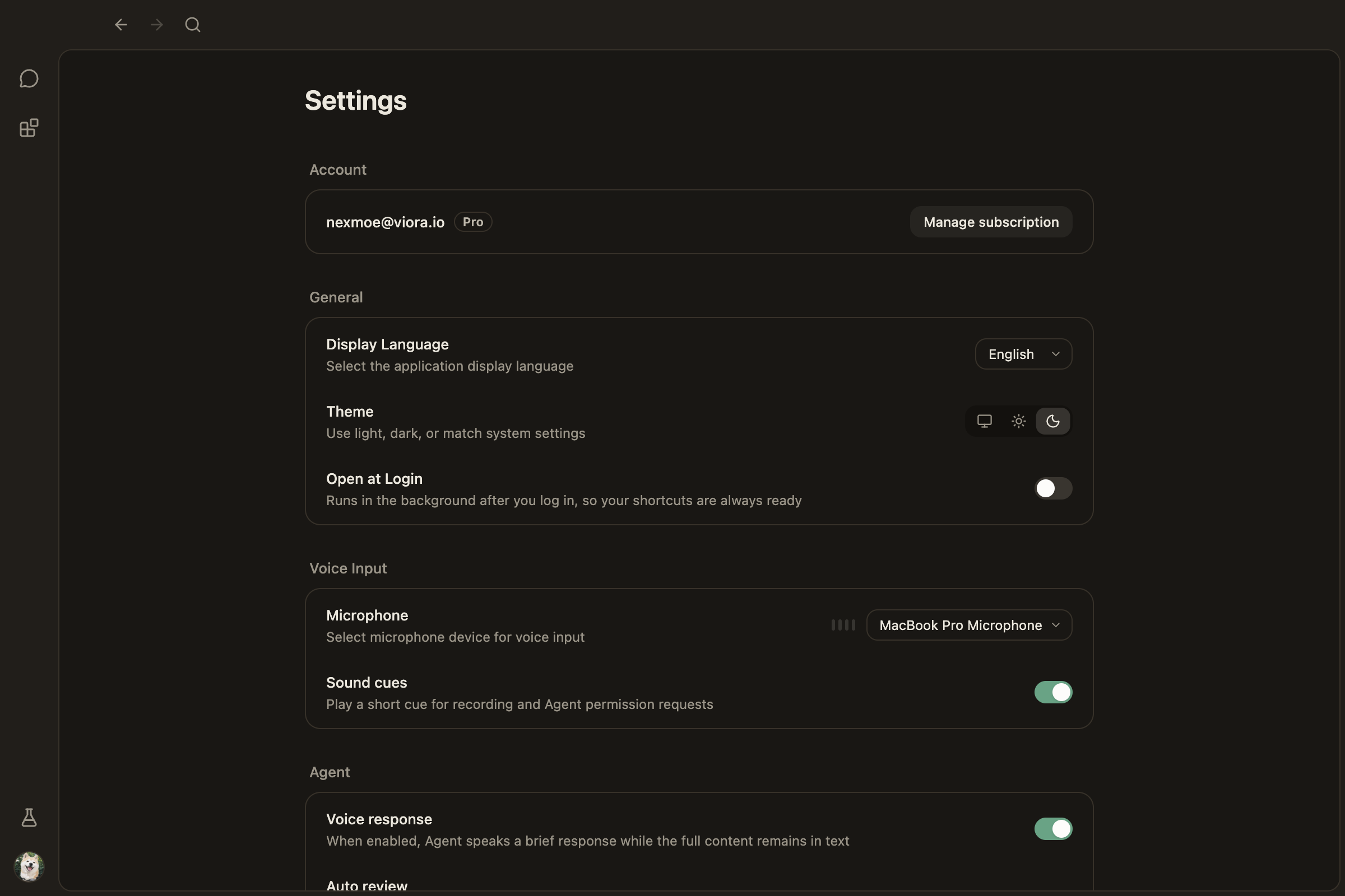 Settings screenshot, Dark theme, English